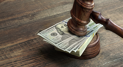 Close-up Of Judges Gavel, Soundboard And Bundle Of Dollar Cash On The Rough Wooden Table. Concept For Corruption, Bankruptcy Court, Bail, Business Or Financial Crime, Bribing, Fraud, Auction Bidding